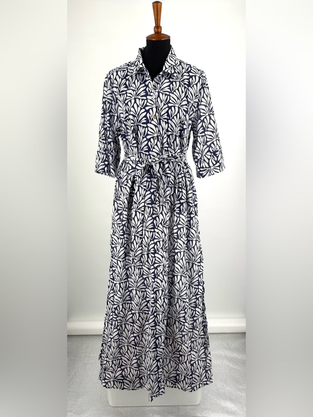 Tori Richard Fandango-Sanna Maxi Cotton Shirt Dress Navy White Pattern Size XL